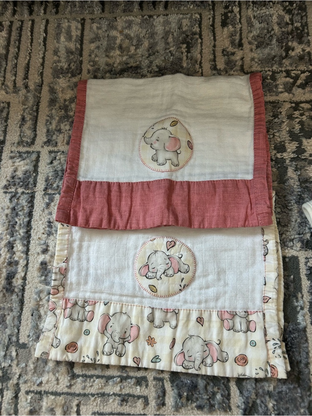 Two Baby Elephant Print Muslin - Pink Trim and One Polka Dot Burp Cloths